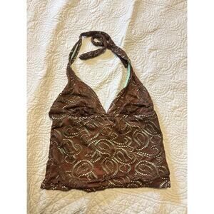Y2K Ocean Dream teal and brown Halter Swim Top Boho Size 14